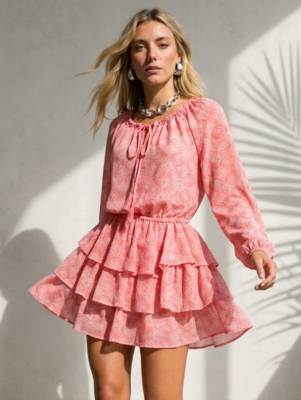 Macbeth Collection Coral Pink Boho Tiered Babydoll Mini Dress Coverup XS